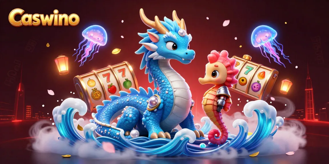 Caswino captures excitement with an azure water dragon, a seahorse knight, and slot reels in a vibrant scene.