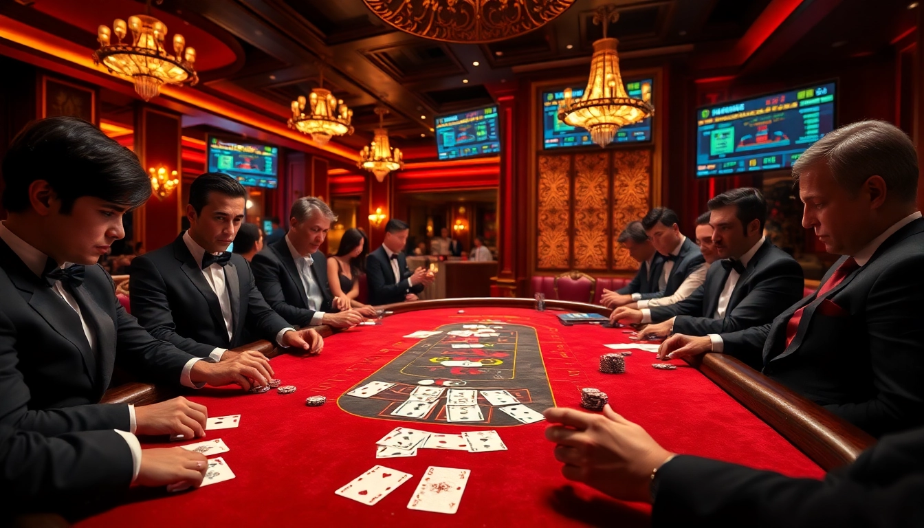 Players engaging in Evolution Gaming Baccarat in a luxurious casino setting with an elegant table and rich decor.