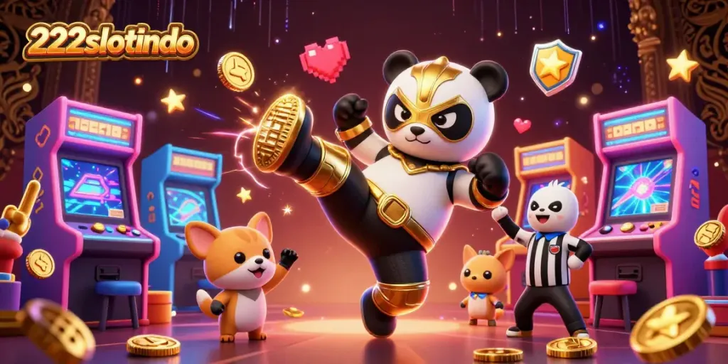 Permainan kasino virtual 222slotindo dengan panda pegulat 3D yang menerjang ke langit dalam suasana ramai.