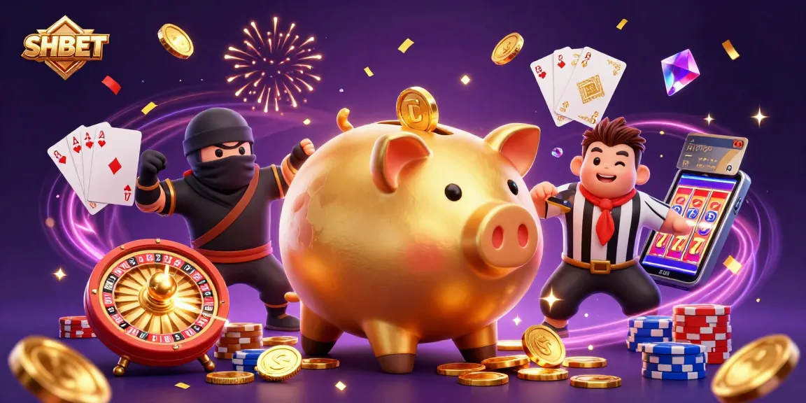 Experience thrilling wins at SHBET with a dynamic digital illustration featuring vibrant casino elements and characters.
