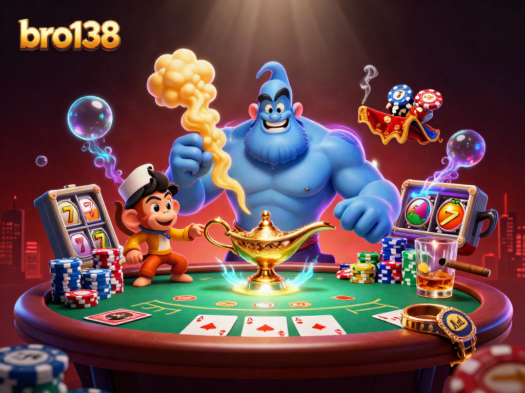 Engage in thrilling gameplay at bro138 with vibrant casino elements including poker chips and slot reels.