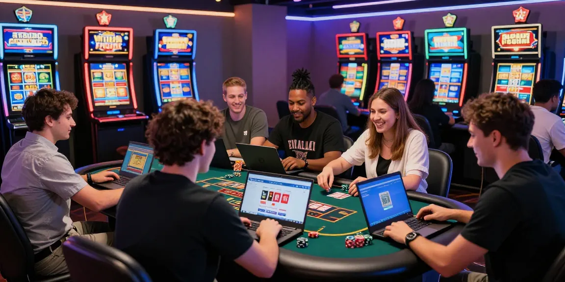 Engaged players exploring credit card casinos in a vibrant online gaming environment with modern decor.