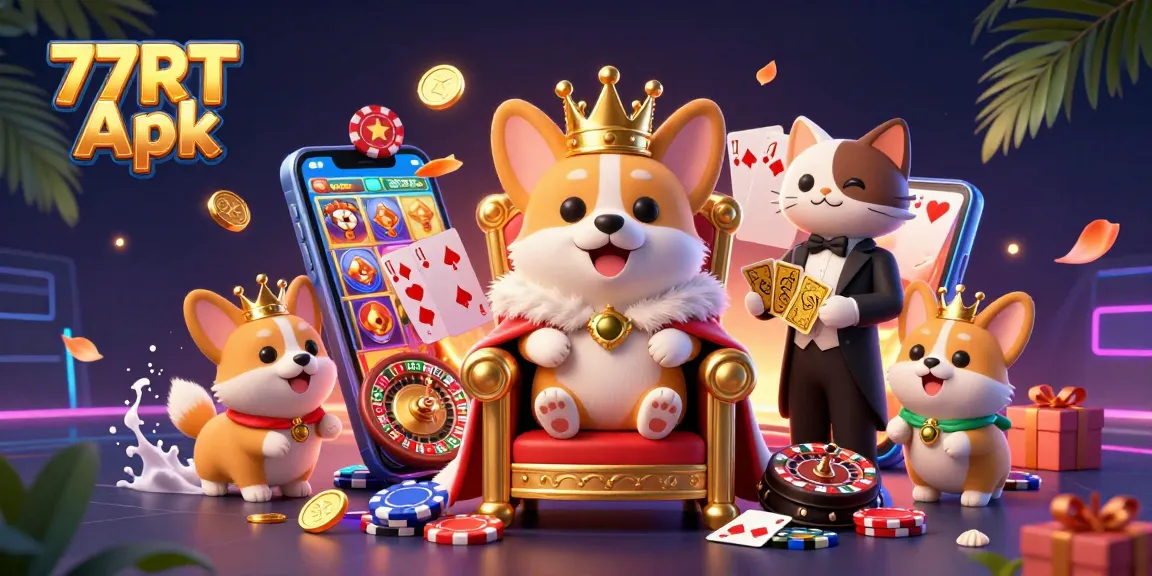 Experience fun with 77RT Apk showcased in a lively casino scene filled with exciting elements.