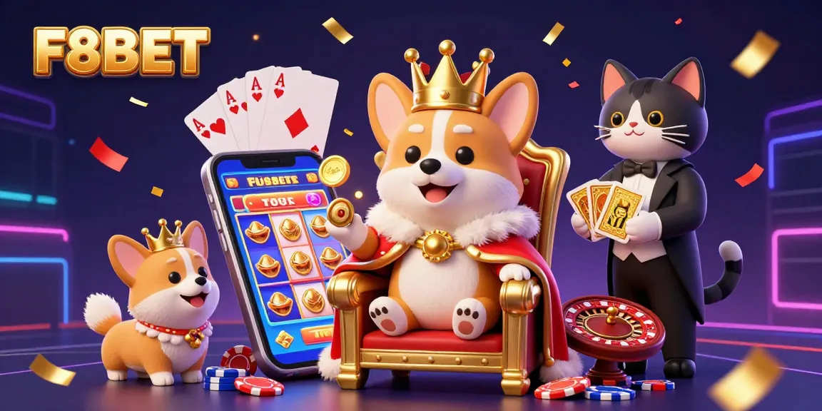 Experience exciting gaming moments with F8BET in this charming illustration featuring a royal corgi and vibrant casino elements.