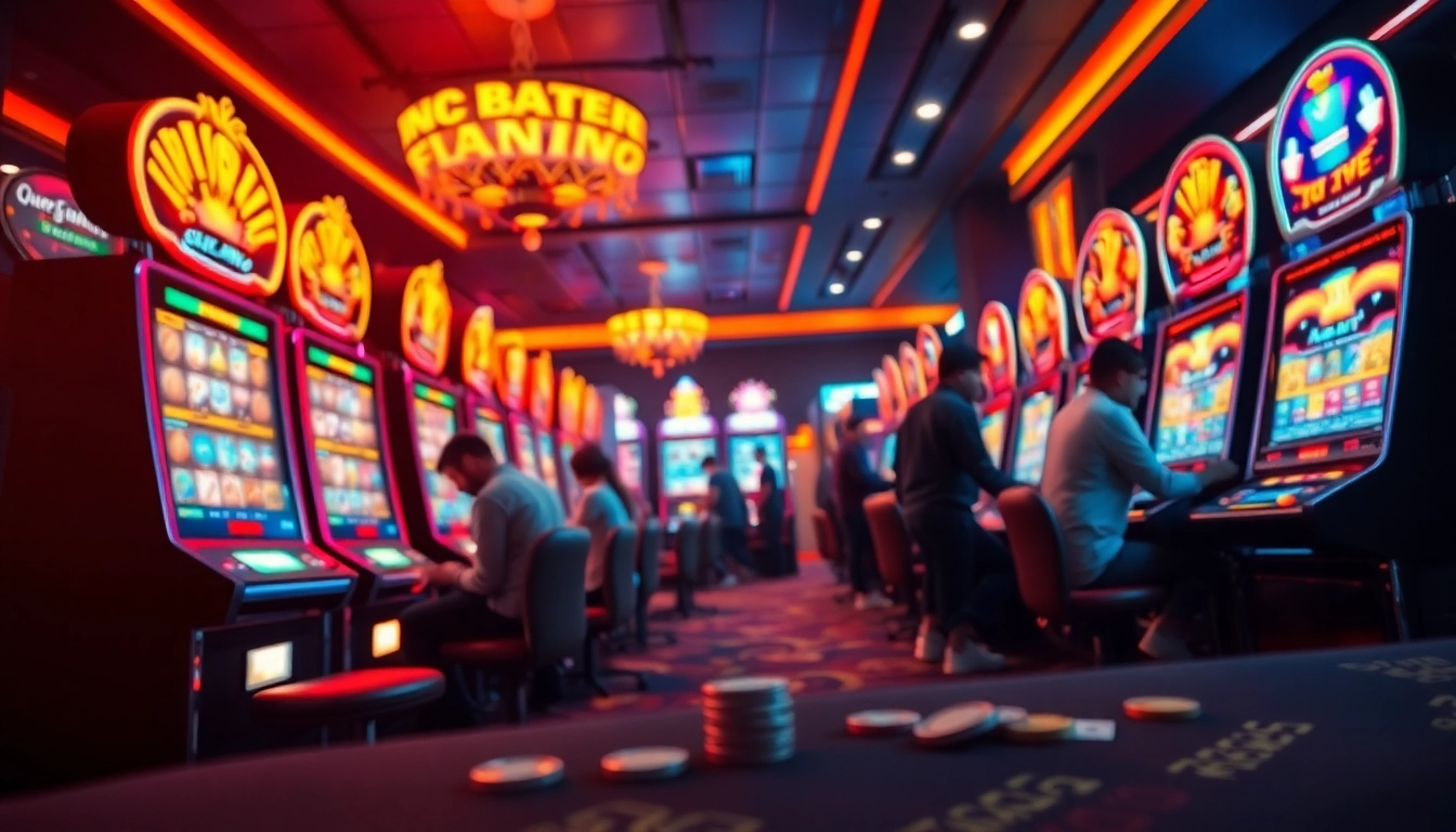 Menang besar dengan arus hoki di kasino, menampilkan mesin slot yang cerah.