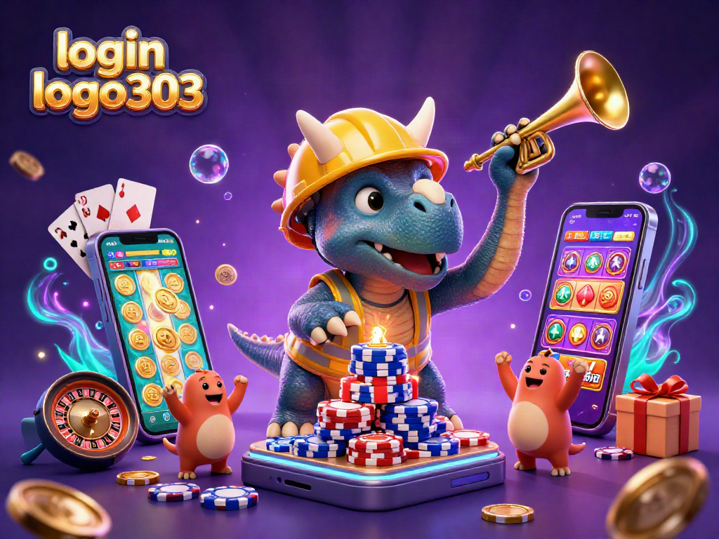 Login logo303 merayakan kemenangan kasino dengan triceratops dan dino dalam ilustrasi 3D yang megah.