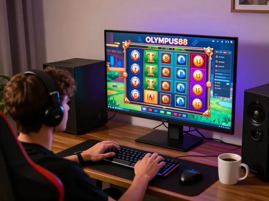 Playing OLYMPUS88 online slot game at home in a cozy environment with engaging graphics