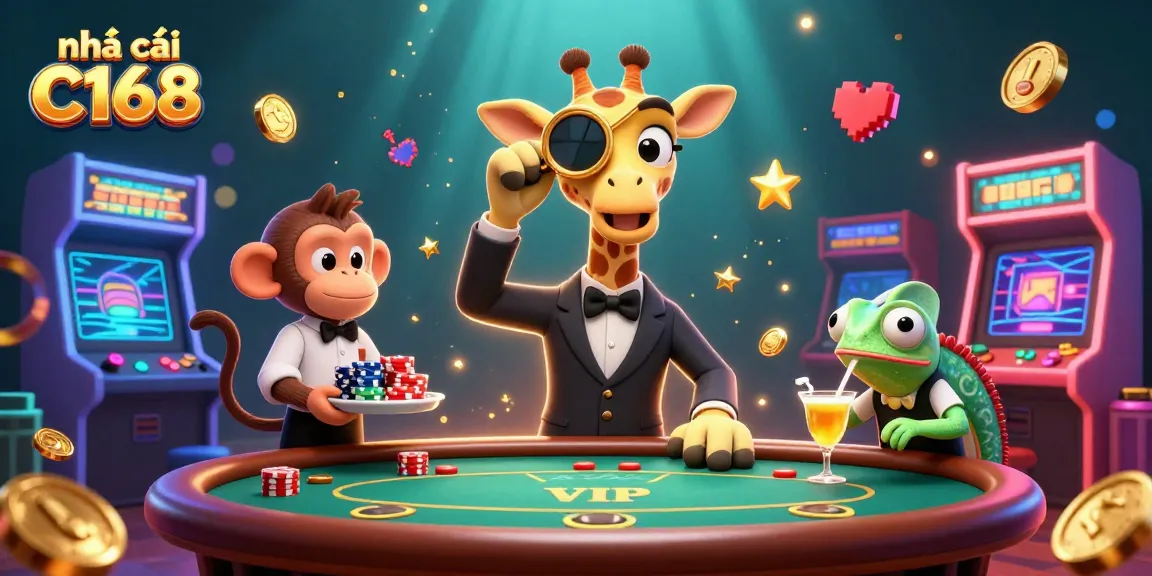 Engage with nhà cái C168's exhilarating gaming experience featuring a high-roller giraffe and dynamic casino elements.
