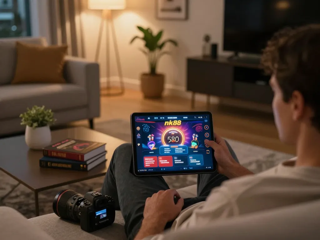 Engaged player exploring nk88 casino app on tablet in cozy home setting while practicing responsible gaming