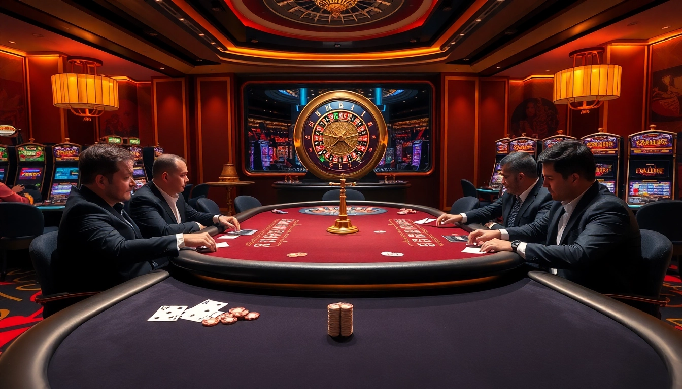 TOP CLUB poker players enjoying a thrilling high-stakes game in an upscale casino.