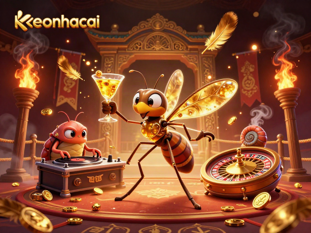 Engage in thrilling sports betting with keonhacai featuring a dynamic casino mascot and a DJ.