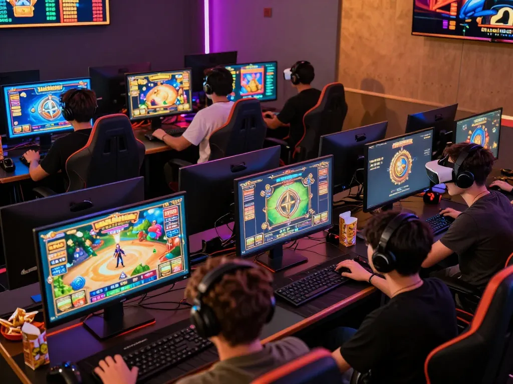Engaged players in a lively gaming session, highlighting slot gacor hari ini with vibrant graphics and community atmosphere.