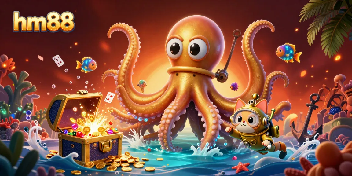 Experience thrilling gameplay at hm88 with a vibrant underwater casino scene featuring a cartoon kraken and diving cat.