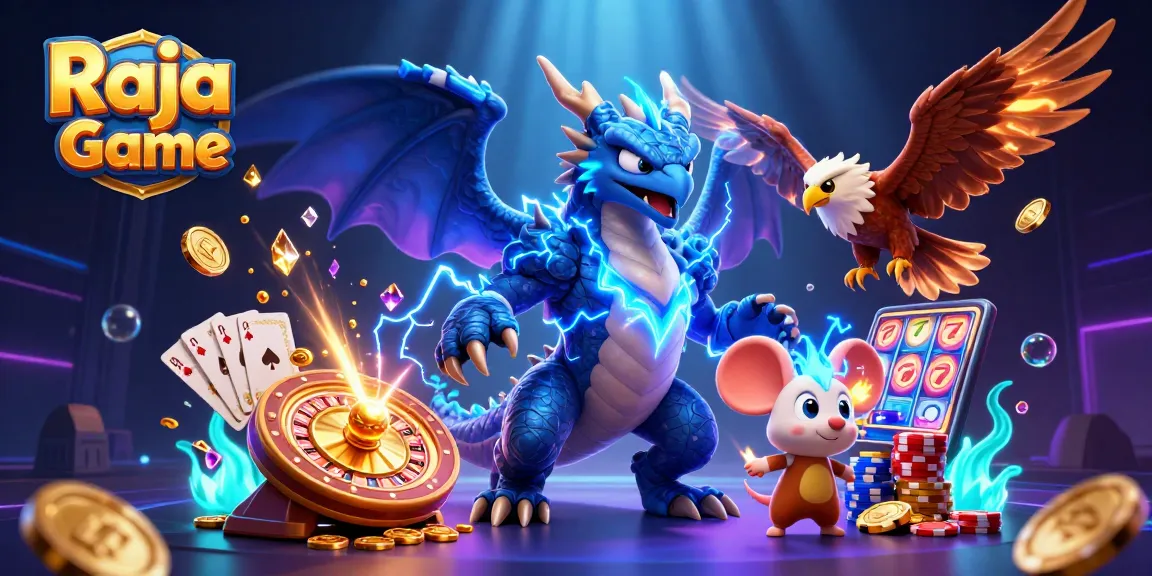 Engage with Raja Game's exciting moments featuring colorful characters amidst cascading coins and lively gameplay.