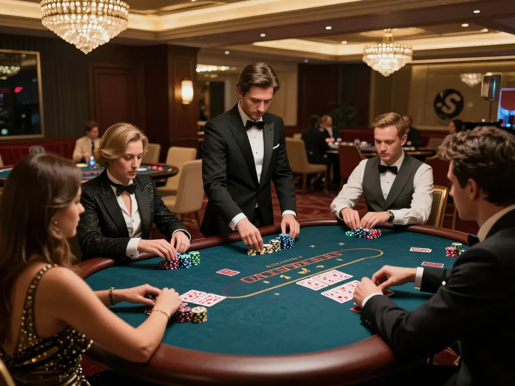 VIPWIN poker game in a luxurious casino showcasing players strategizing during an exciting round