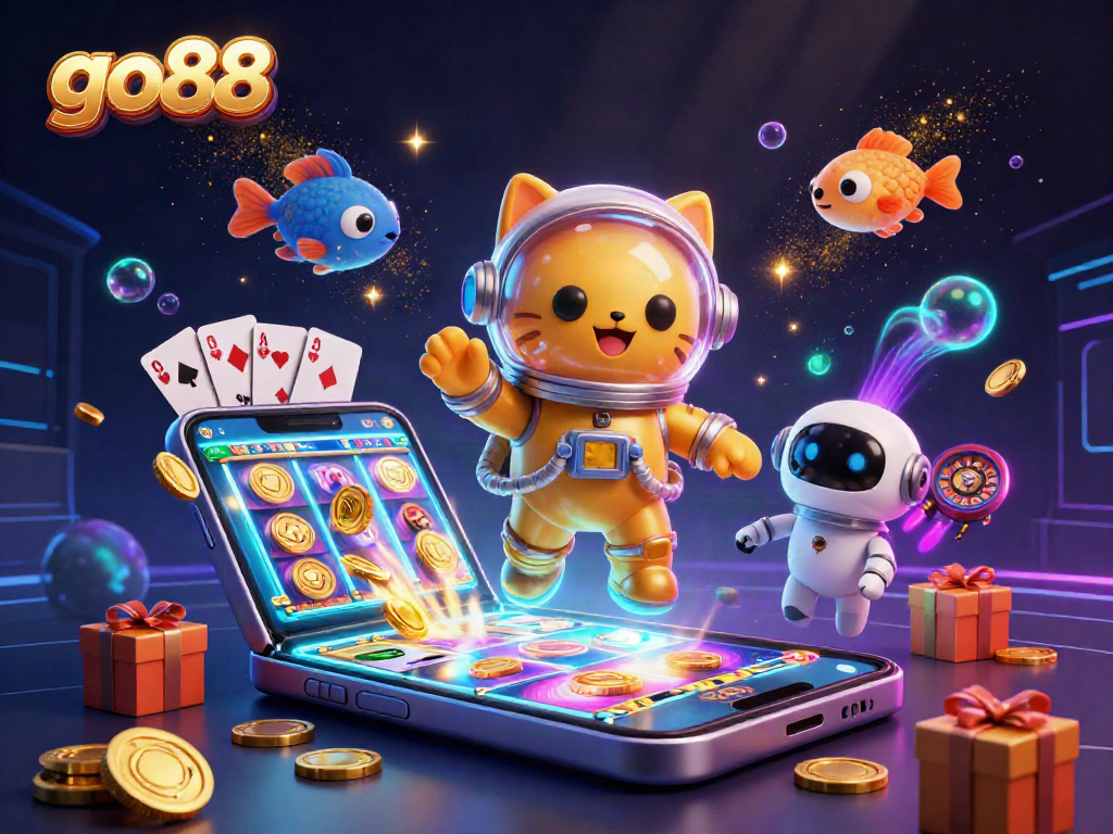 Engage with go88's thrilling gaming experience through our vibrant 3D illustration featuring slots and casino elements.