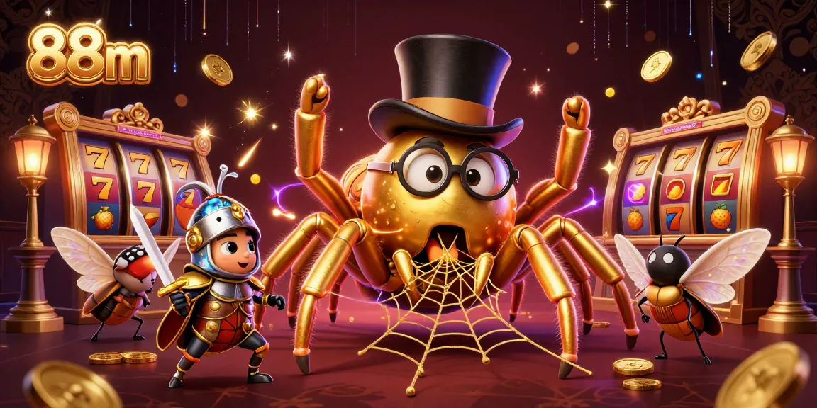 Experience thrilling wins with 88m's giant tarantula and beetle knight in a vibrant casino scene.