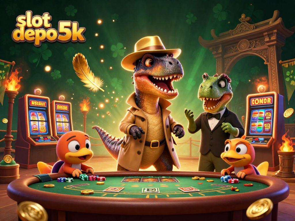 Play thrilling slots on a dynamic gaming scene featuring slot depo 5k characters and elements.