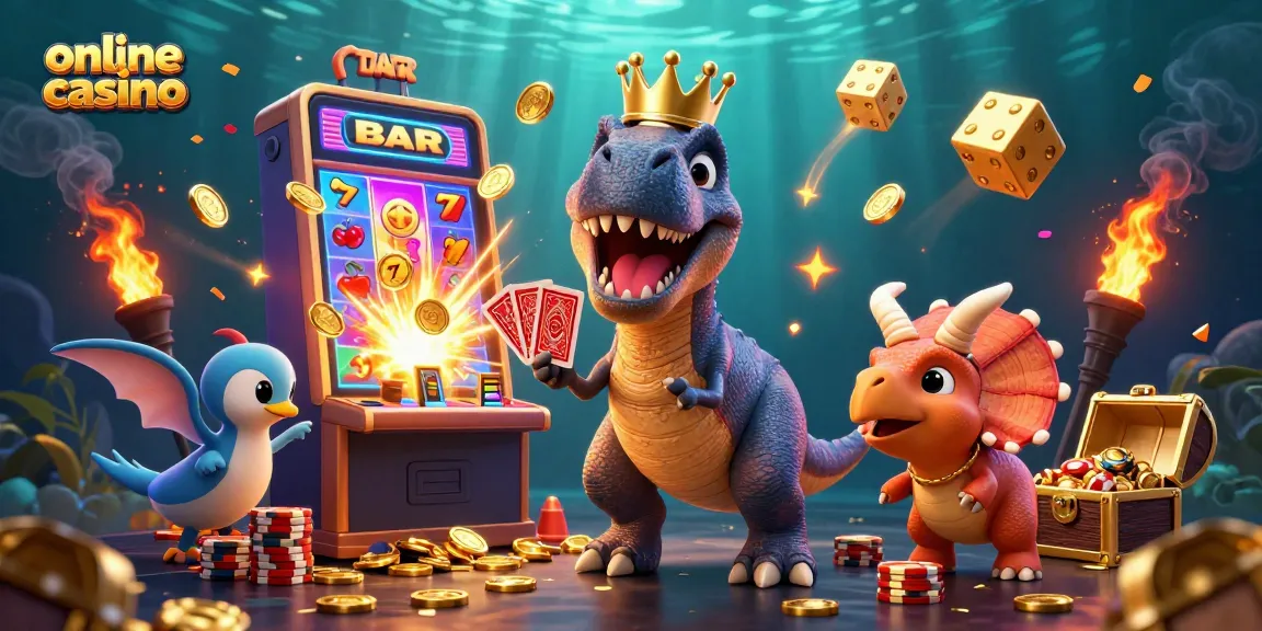 Experience exciting gameplay in an online casino scene with a friendly T-Rex and vibrant slots.