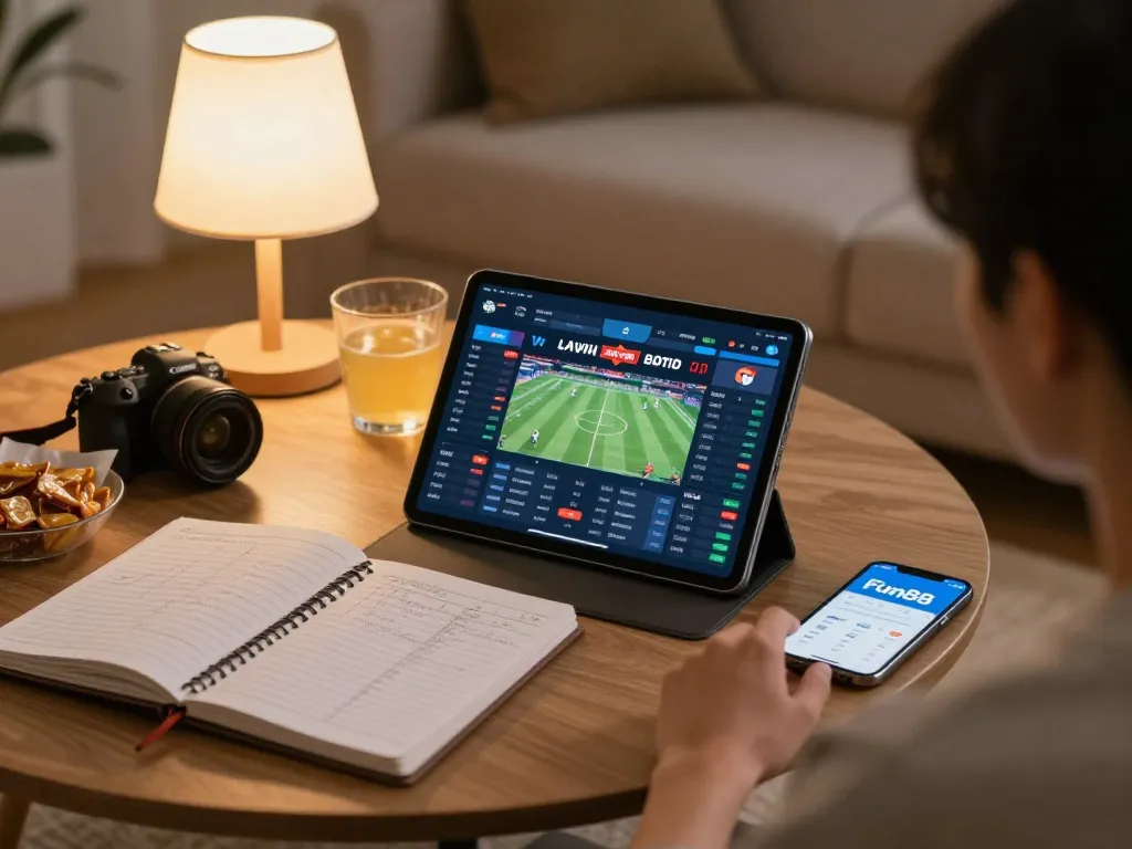 Person engaging in sports betting on the Fun88 app while enjoying a cozy home atmosphere