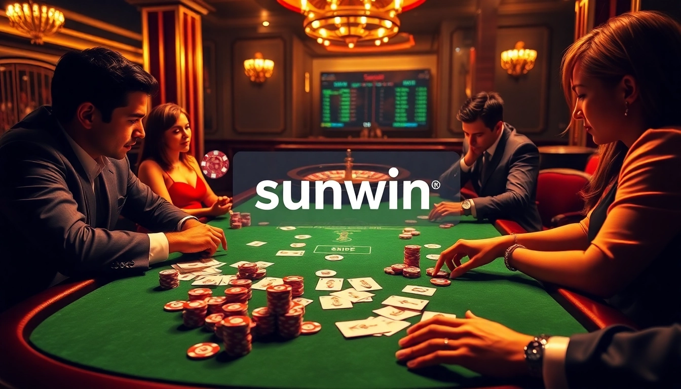 Players strategizing at a luxurious poker table in the Sunwin casino environment.