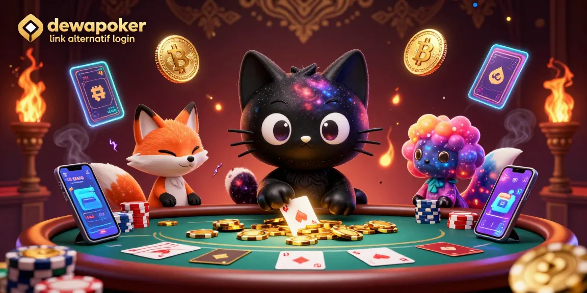 Dewapoker link alternatif login showcases poker strategy with vibrant cosmic-themed illustration of a cat and fox at a casino table.