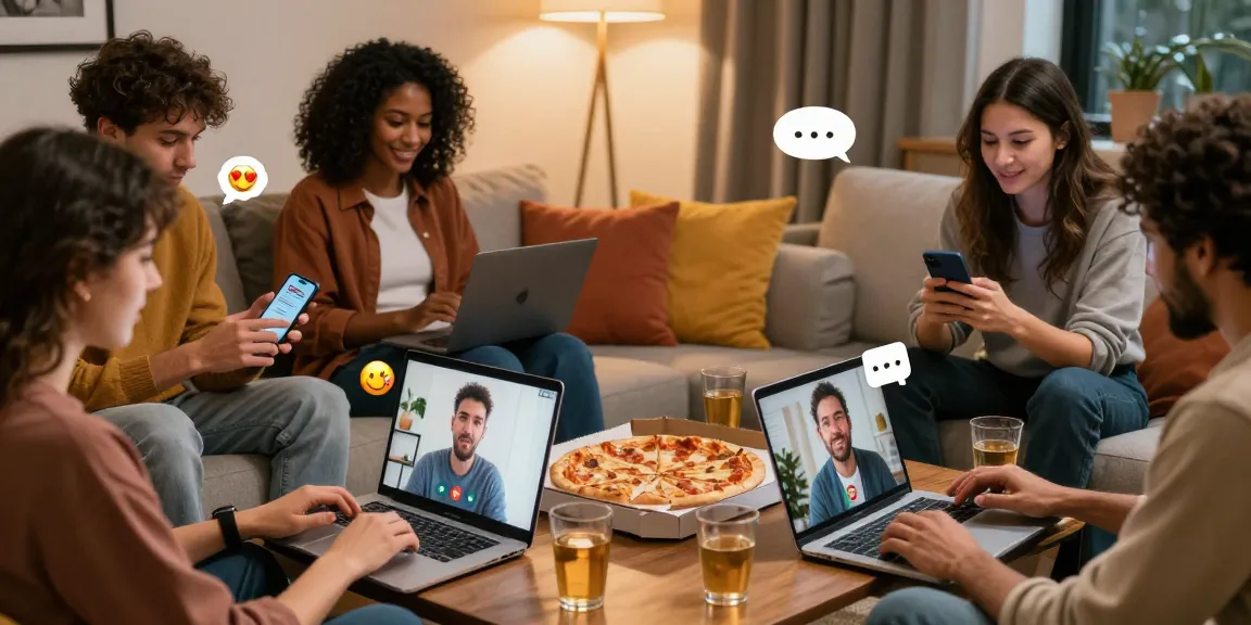 Young adults interacting on a video call in a cozy setting, showcasing شات دردشتي.