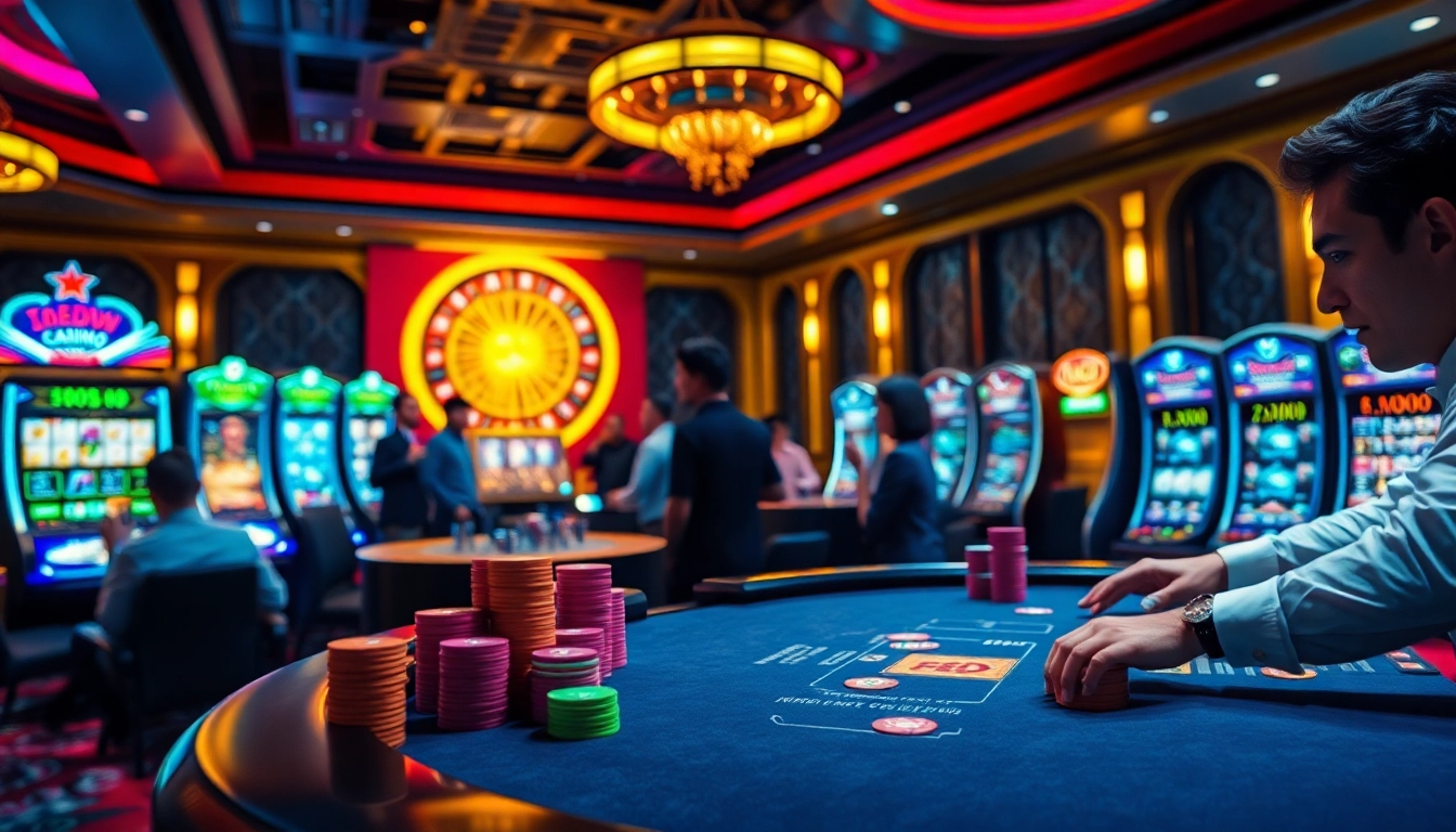 Experience the thrill of f8beta2 casino gaming with players at a poker table surrounded by excitement.