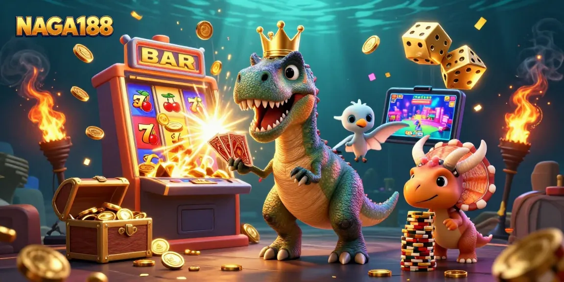 NAGA188 mengundang Anda untuk berpartisipasi dalam permainan kasino yang meriah dengan karakter dinosaur yang lucu dan mesin slot meledak dengan koin emas.
