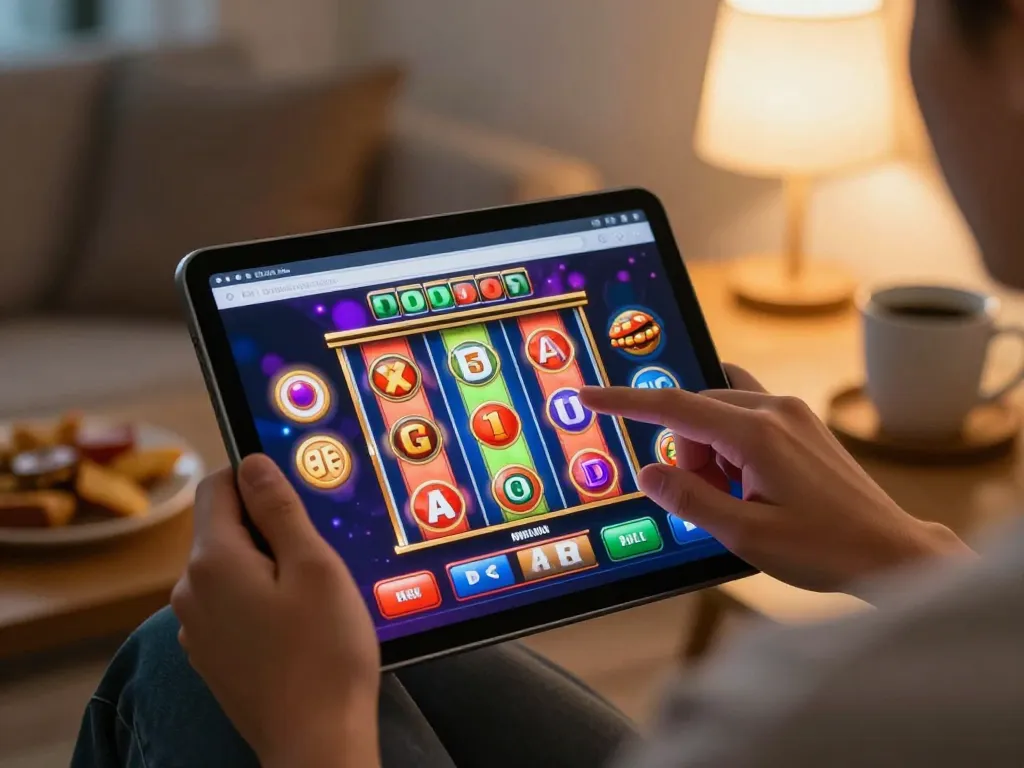 Engaging tablet gaming session featuring cm 88 slot reels and cozy home atmosphere.