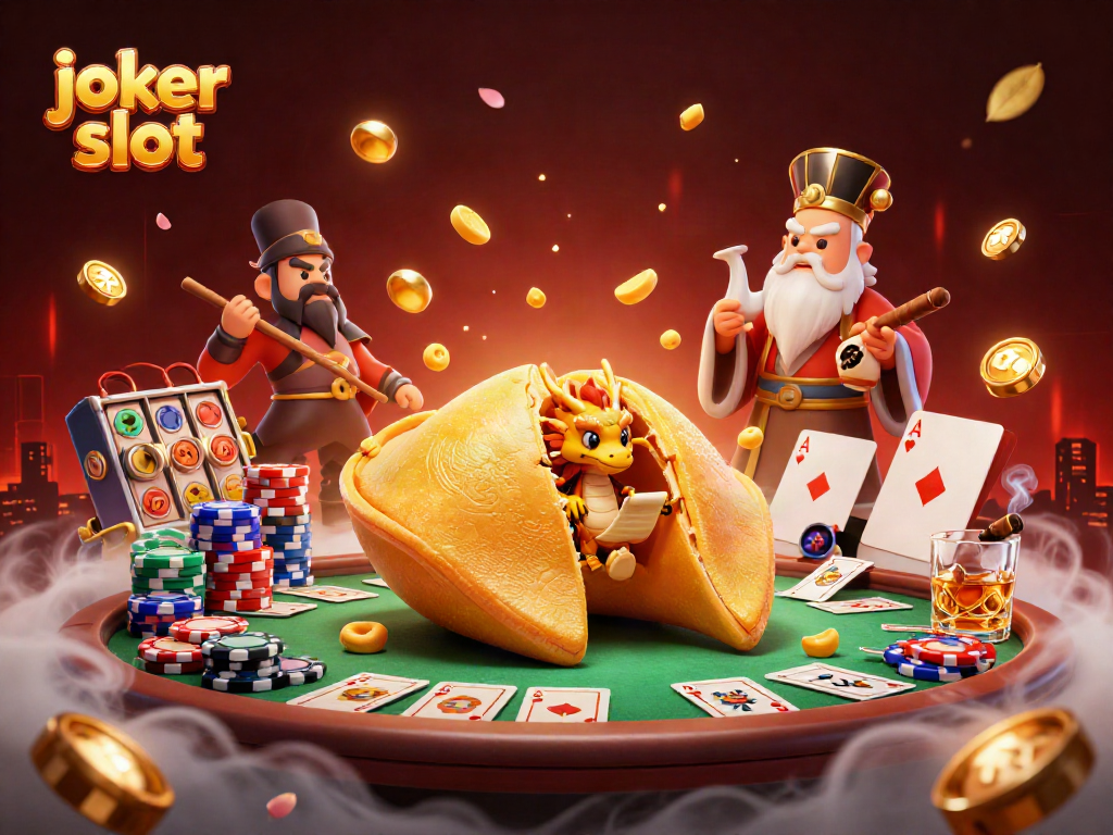 Joker slot yang menampilkan ilustrasi kasino 3D dengan kupon keberuntungan dan simbol slot yang menarik