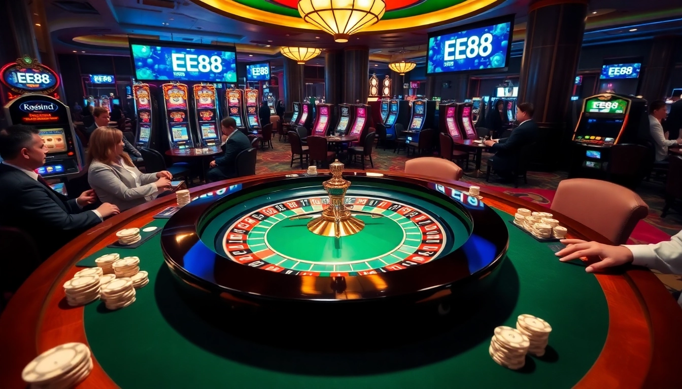 Players enjoying casino games at EE88, featuring roulette and vibrant slot machines.