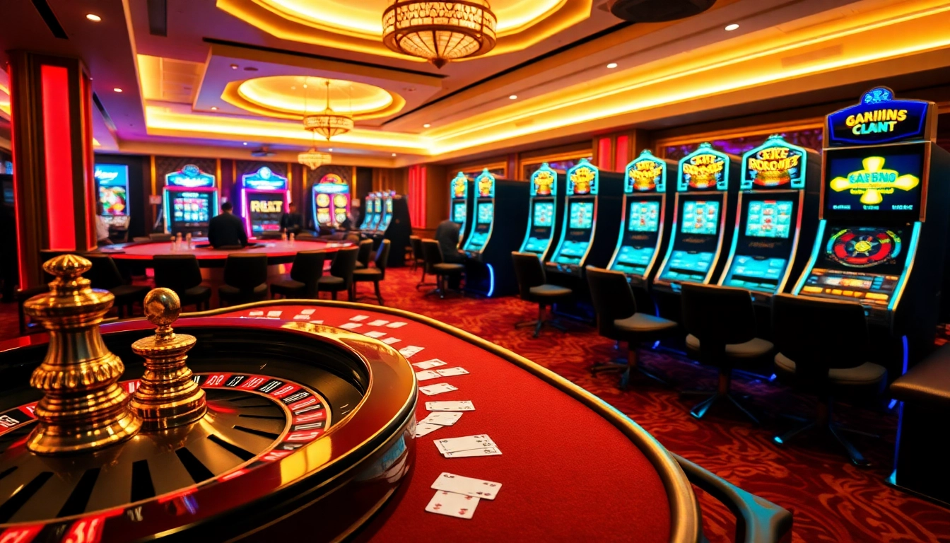A thrilling RR88 casino scene with poker tables, roulette wheels, and vibrant slot machines.