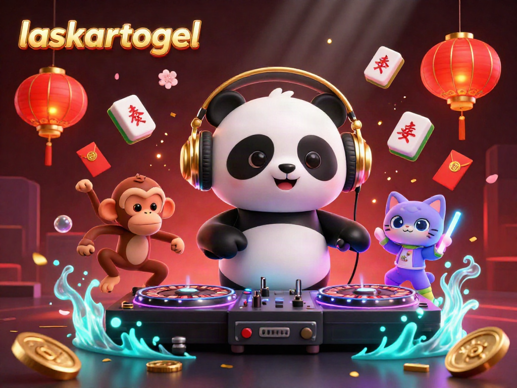 Spin the reels with laskartogel in a vibrant 3D casino scene featuring a DJ panda and lively party elements.