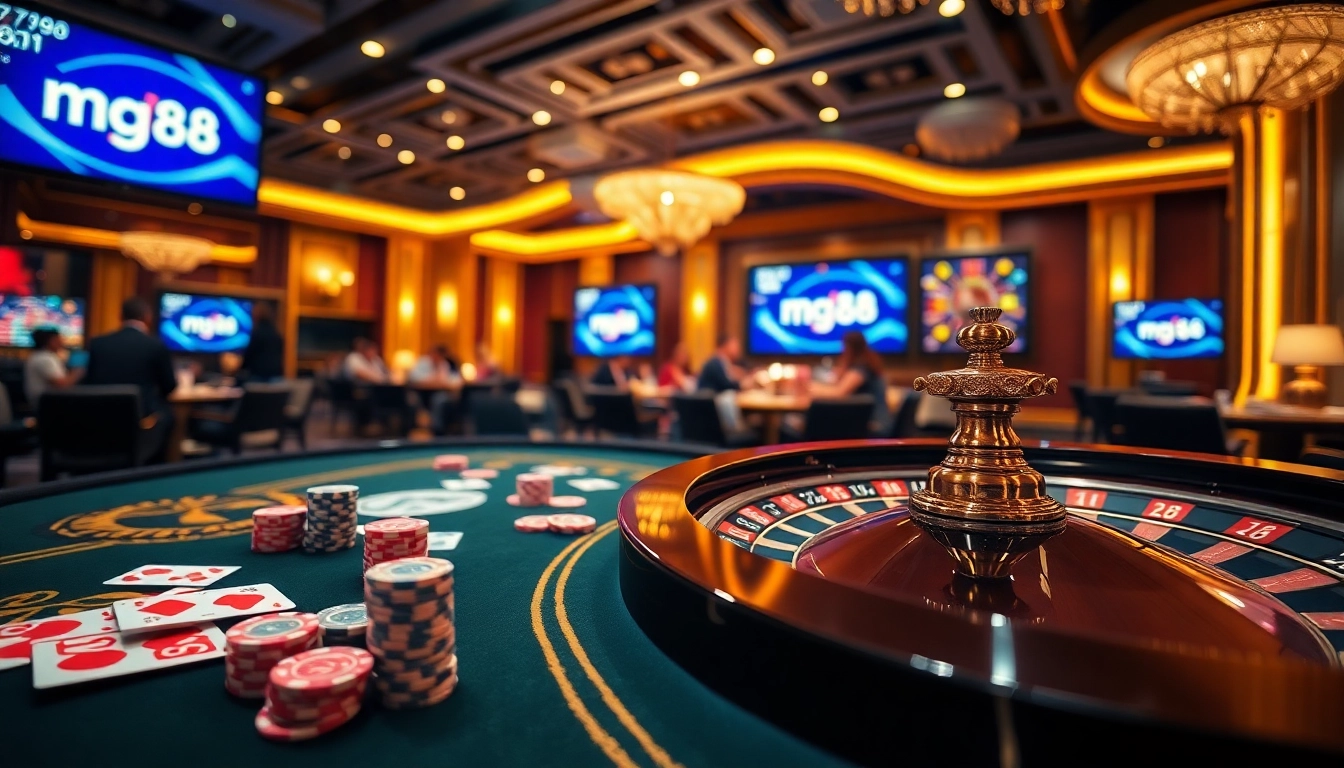 Experience the excitement of mg188 at a luxury casino table filled with vibrant poker chips and cards.