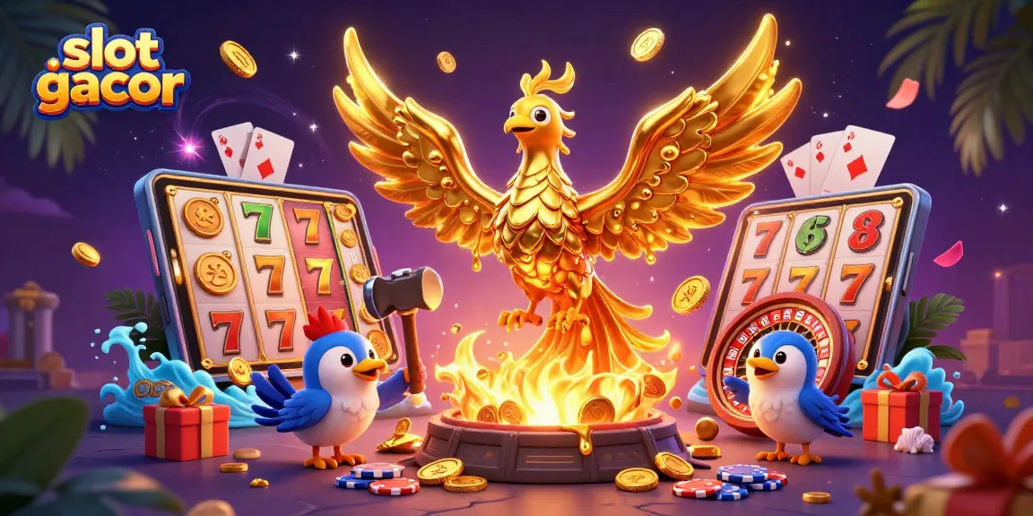 Menangkan slot gacor dengan phoenix emas yang memancarkan koin, dikelilingi elemen kasino.