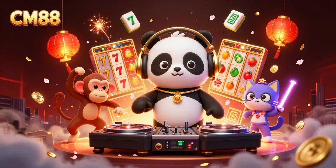 Experience CM88's vibrant casino atmosphere with animated characters and winning symbols.