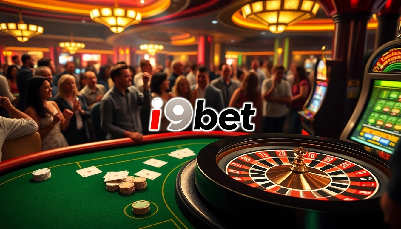 Experience excitement at i9bet's vibrant casino with poker tables, roulette, and lively players.