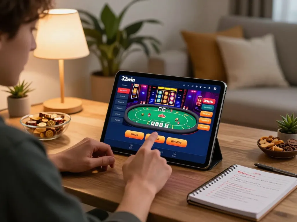 Player engaging with 32win's exciting online casino interface at home, showcasing strategic gameplay.