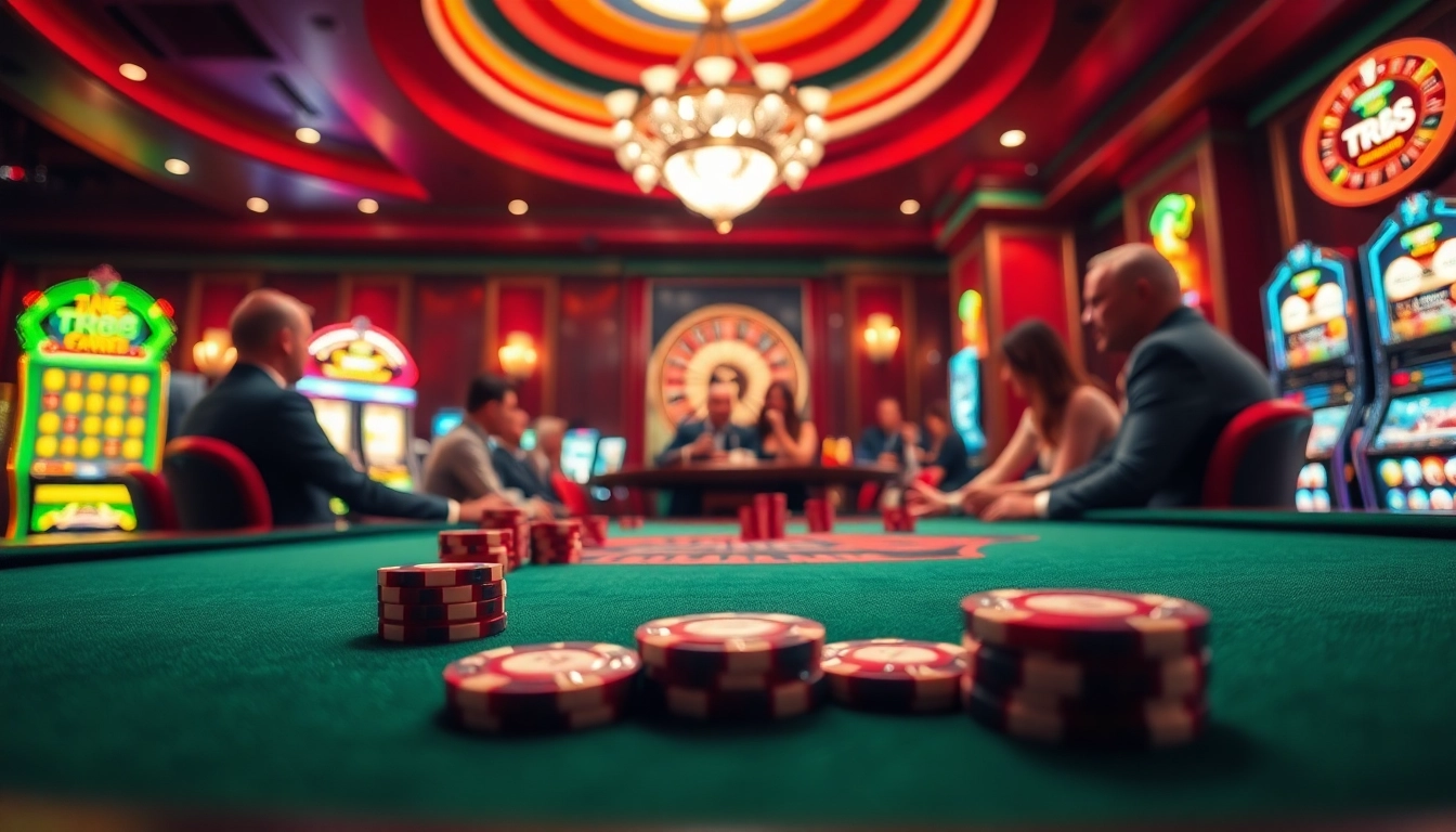Players strategize around a poker table in a luxurious casino setting, showcasing TR88 branding.