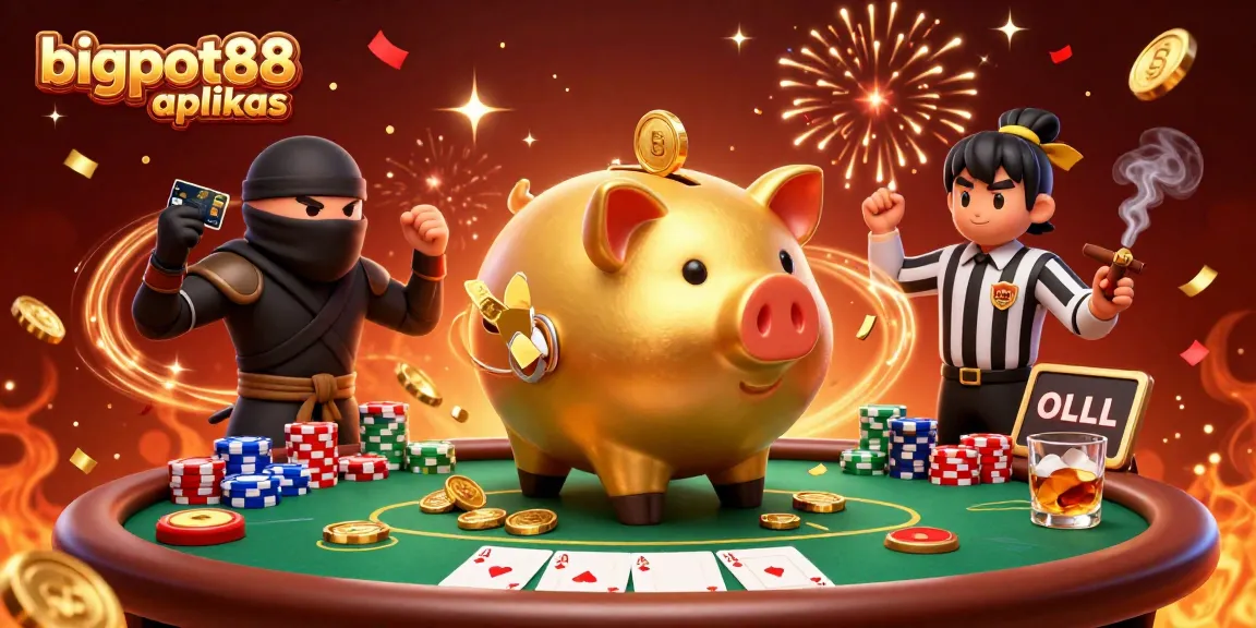 Engage with bigpot88 aplikas as golden piggy bank sumo wrestler shakes coins in thrilling casino action.
