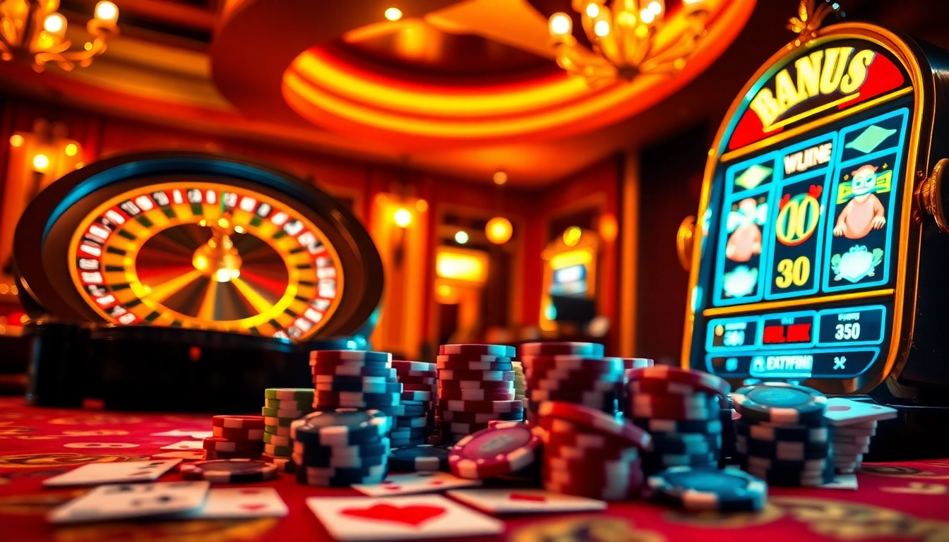 Experience the thrill of winning at Okfun casino with vibrant slot machines and poker chips.