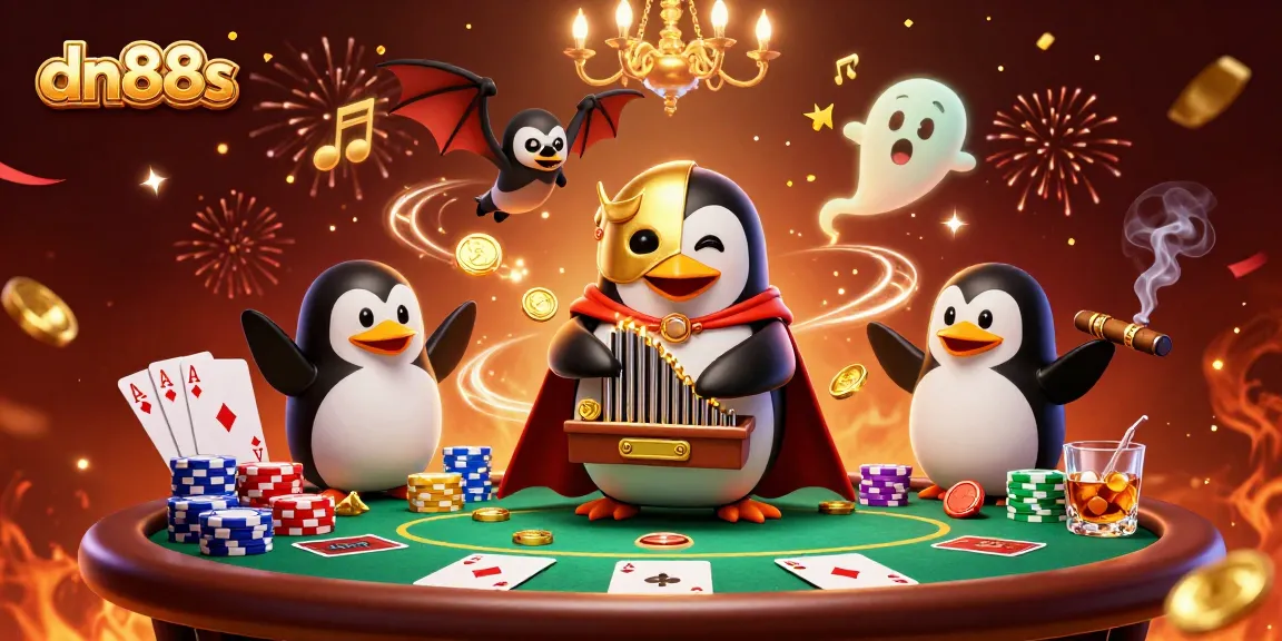 Experience thrilling moments with dn88s as a phantom penguin plays music, surrounded by poker action.