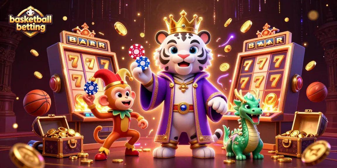 Engage in basketball betting with vibrant characters and captivating casino elements featuring a white tiger, monkey, and dragon.
