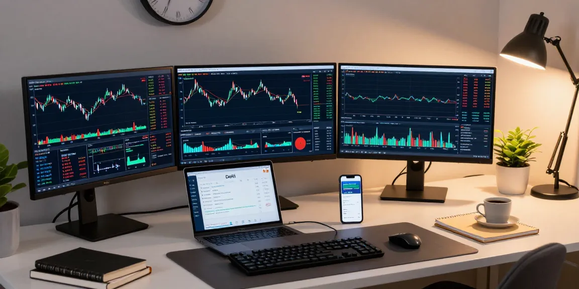 Cricbet cryptocurrency trading setup showing live charts, digital wallet, and DeFi analytics in a modern office environment.