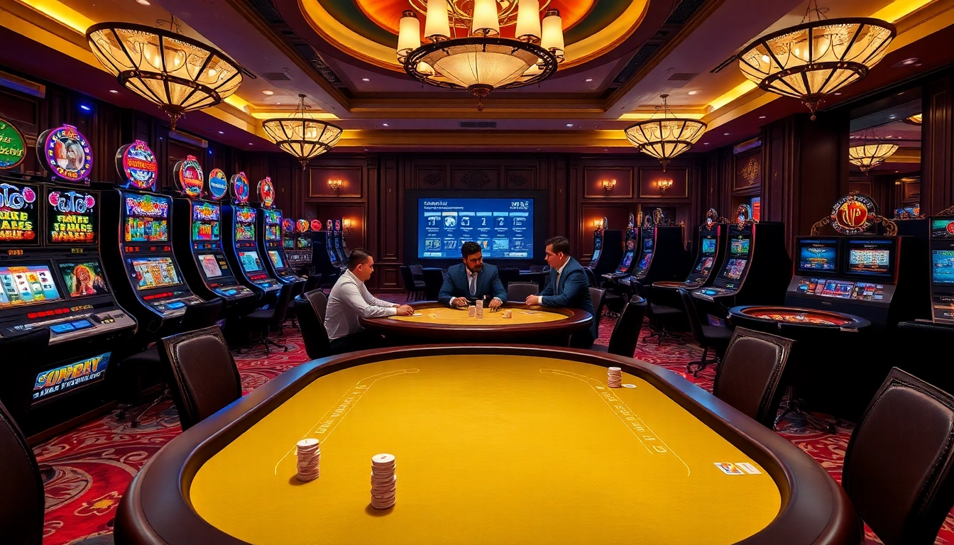 Engaging poker game at 8kbet with luxury decor and vibrant slot machines.
