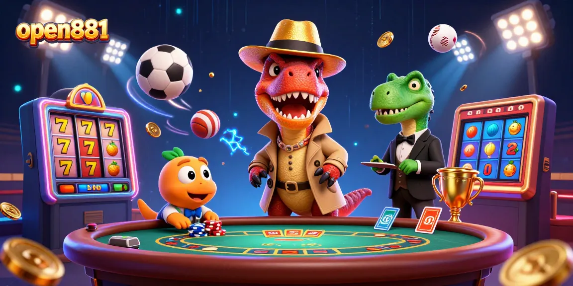 open881 velociraptor card counter amidst lively casino scene with dynamic sports elements