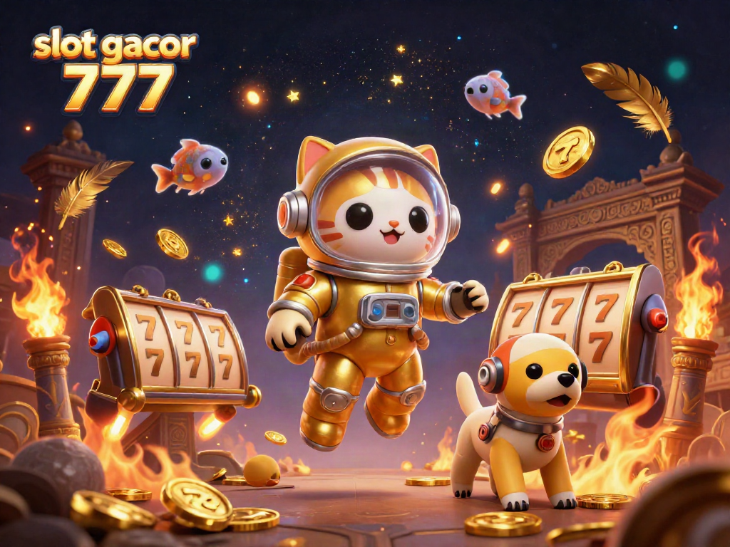Memainkan slot gacor 777 dengan karakter kucing astronot dan anjing robot di ruang angkasa.