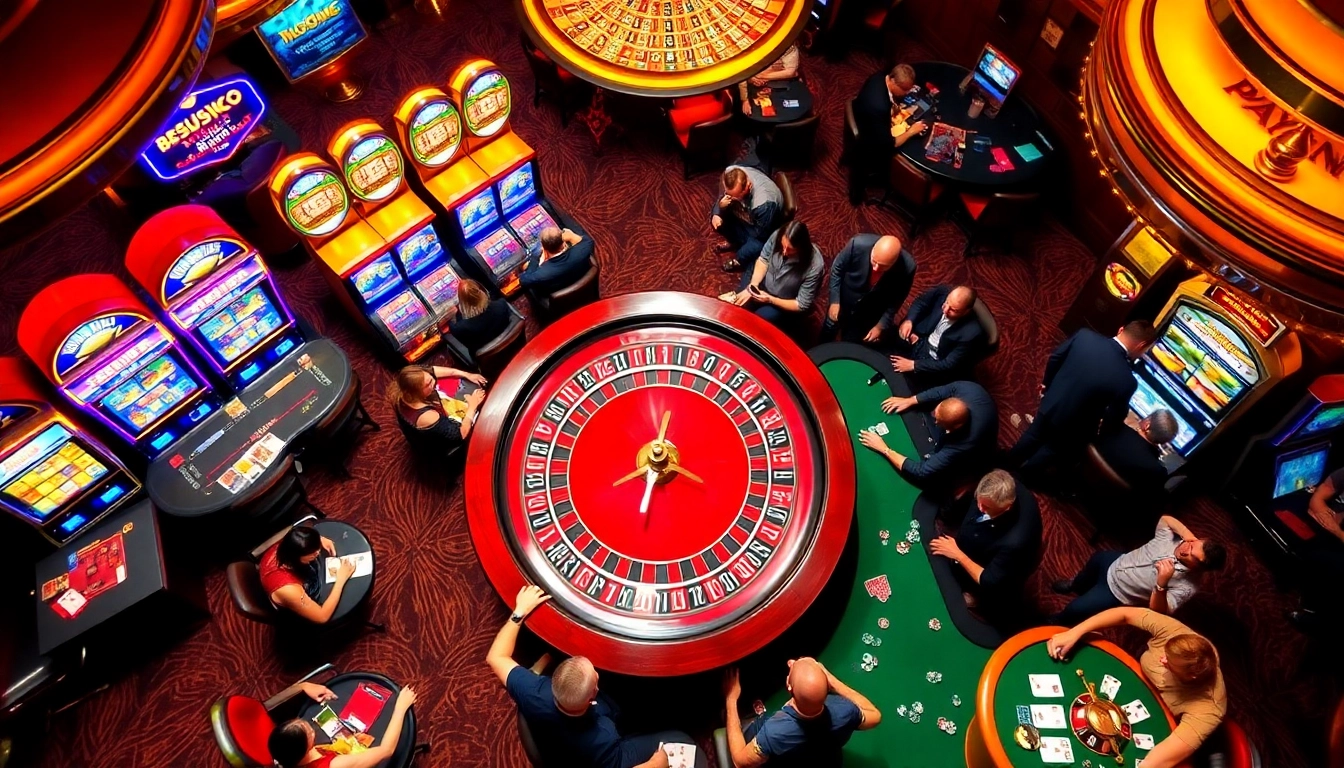 Experience the thrill of 555 win with players enjoying roulette and slot machines in a vibrant casino.