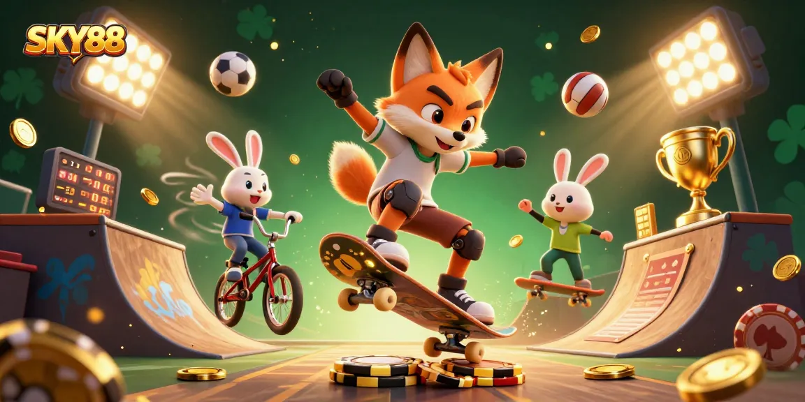 SKY88 features a thrilling 3D illustration of a skateboarder fox and BMX rabbit surrounded by vibrant casino elements and live sports.